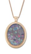 AN OPAL PENDANT, ON AN 18 CARAT ROSE GOLD CHAIN