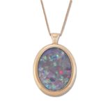 AN OPAL PENDANT, ON AN 18 CARAT ROSE GOLD CHAIN