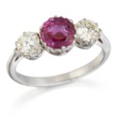 A RUBY AND DIAMOND THREE STONE RING