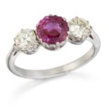 A RUBY AND DIAMOND THREE STONE RING