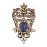 A SAPPHIRE, PEARL AND DIAMOND PENDANT / BROOCH