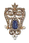 A SAPPHIRE, PEARL AND DIAMOND PENDANT / BROOCH