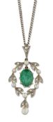 AN EDWARDIAN EMERALD, DIAMOND AND PEARL PENDANT ON CHAIN