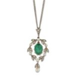 AN EDWARDIAN EMERALD, DIAMOND AND PEARL PENDANT ON CHAIN