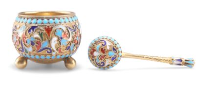 A RUSSIAN SILVER AND ENAMEL SALT AND SPOON