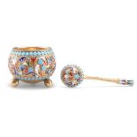 A RUSSIAN SILVER AND ENAMEL SALT AND SPOON