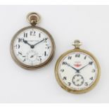 TWO RAILWAY-THEMED OPEN FACE POCKET WATCHES