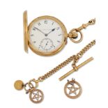 AN 18 CARAT GOLD HUNTER POCKET WATCH AND CHAIN