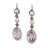 A PAIR OF PINK TOURMALINE, PEARL AND DIAMOND PENDANT EARRINGS