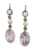 A PAIR OF PINK TOURMALINE, PEARL AND DIAMOND PENDANT EARRINGS