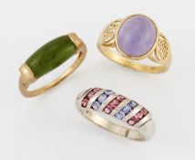 TWO 9 CARAT GOLD GEM-SET RINGS AND A SILVER GEM-SET RING