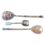 THREE RUSSIAN SILVER AND ENAMEL SPOONS