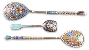 THREE RUSSIAN SILVER AND ENAMEL SPOONS