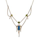 AN EARLY 20TH CENTURY BLACK OPAL DOUBLET, PERIDOT, PASTE AND PEARL NECKLACE