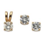 A PAIR OF SOLITAIRE DIAMOND EARRINGS AND A SOLITAIRE DIAMOND PENDANT,