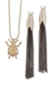 ALEXANDER MCQUEEN - A GILT BRASS BUG NECKLACE AND A PAIR OF PENDANT EARRINGS