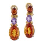 A PAIR OF CITRINE AND AMETHYST PENDANT CLIP EARRINGS
