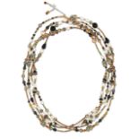 AN EXTENSIVE CULTURED PEARL AND GEMSTONE BEAD NECKLACE,