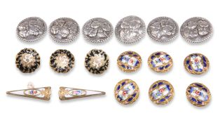 A SET OF SIX EDWARDIAN SILVER BUTTONS, ETC.