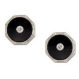 A PAIR OF ART DECO ONYX AND DIAMOND STUD EARRINGS