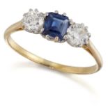 A SAPPHIRE AND DIAMOND THREE STONE RING