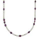 A CULTURED PEARL, RUBY AND TSAVORITE GARNET NECKLACE