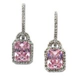 A PAIR OF PINK CUBIC ZIRCONIA AND DIAMOND CLUSTER PENDANT EARRINGS