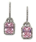 A PAIR OF PINK CUBIC ZIRCONIA AND DIAMOND CLUSTER PENDANT EARRINGS