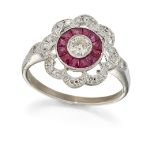 A RUBY AND DIAMOND CLUSTER RING