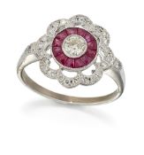 A RUBY AND DIAMOND CLUSTER RING