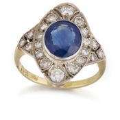 A SAPPHIRE AND DIAMOND CLUSTER RING