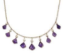 AN AMETHYST AND SEED PEARL FRINGE NECKLACE