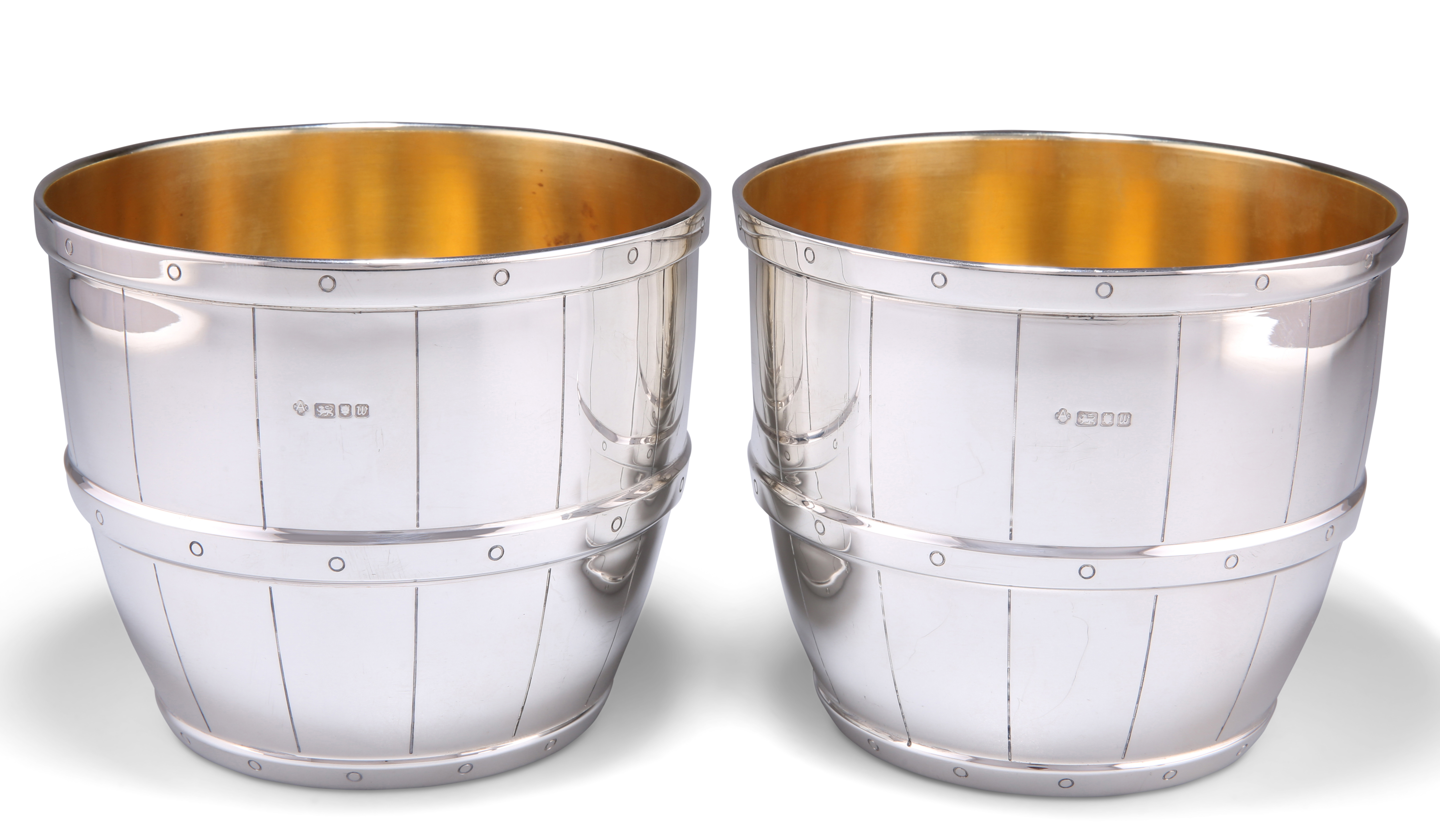 A PAIR OF ELIZABETH II SILVER NOVELTY ICE BUCKETS