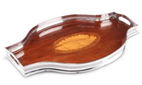 A GEORGE V SILVER AND MAHOGANY MARQUETRY TRAY