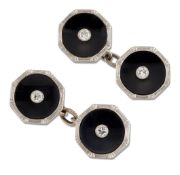 A PAIR OF ART DECO ONYX AND DIAMOND DOUBLE CUFFLINKS