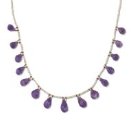 AN AMETHYST AND SEED PEARL FRINGE NECKLACE