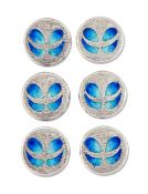 A SET OF SIX EDWARDIAN SILVER AND ENAMEL BUTTONS