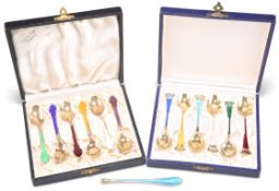 TWO SETS OF SIX DANISH STERLING SILVER AND ENAMEL COFFEE SPOONS