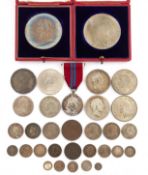 A QUANTITY OF SILVER MEDALS AND COINAGE