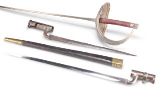 TWO STEEL SOCKET BAYONETS AND A FENCING SABRE