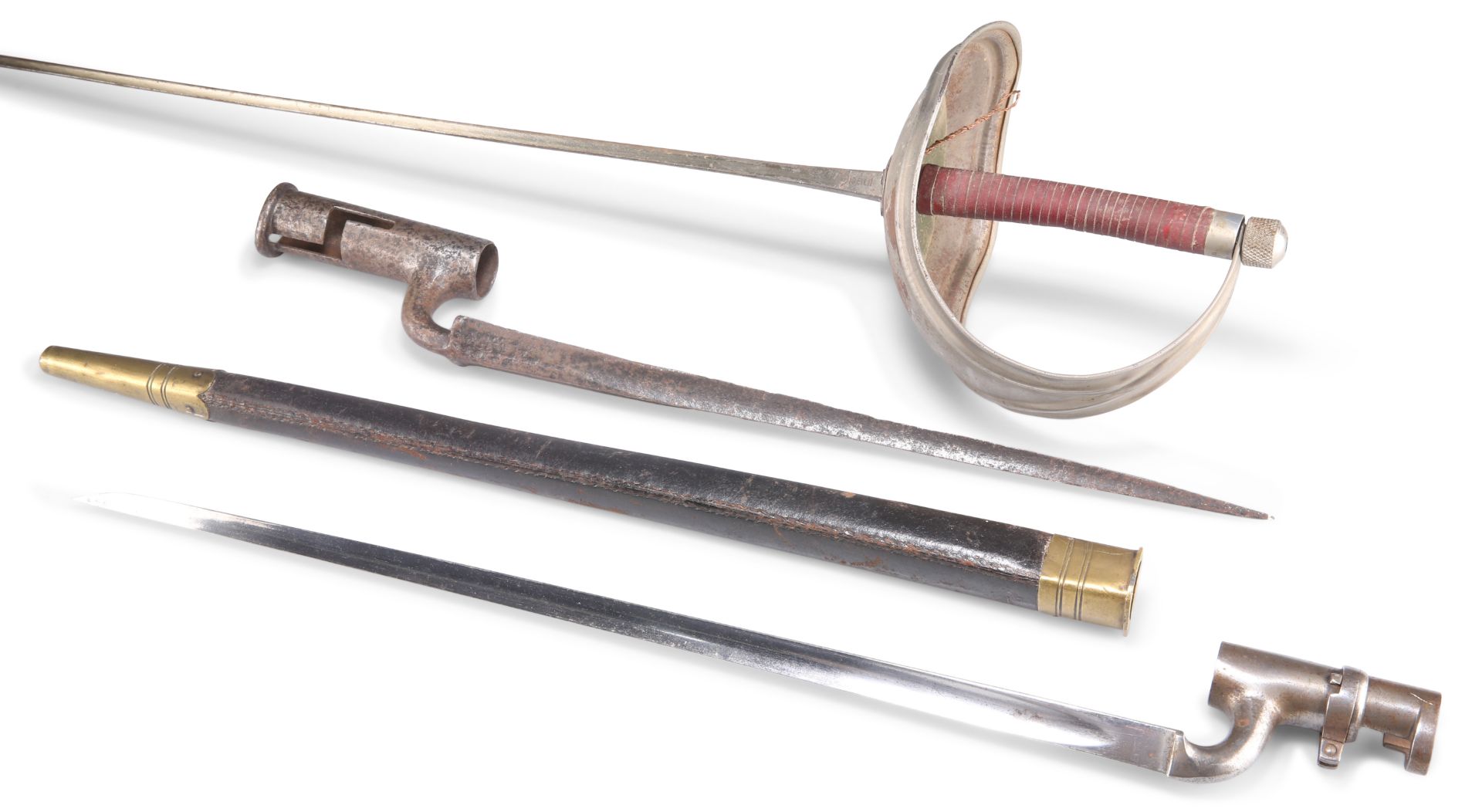 TWO STEEL SOCKET BAYONETS AND A FENCING SABRE