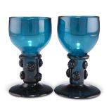 A PAIR OF TURQUOISE GLASS ROEMERS