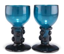 A PAIR OF TURQUOISE GLASS ROEMERS