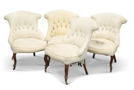 A SET OF FOUR VICTORIAN WALNUT AND UPHOLSTERED SALON CHAIRS