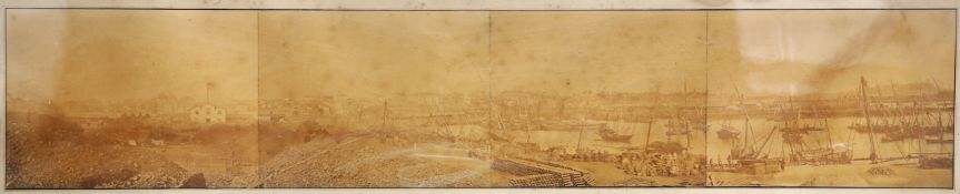 A 19TH CENTURY SEPIA PANORAMIC PHOTOGRAPH, 'THE ELPINSTONE BUNDERS, BOMBAY, JANUARY 1869'