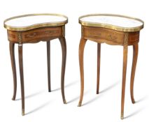 A PAIR OF LOUIS XV-STYLE GILT-METAL MOUNTED AND MARBLE-TOPPED INLAID SIDE TABLES