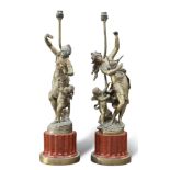 A PAIR OF BRONZE FIGURAL TABLE LAMPS