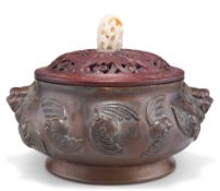 A CHINESE LARGE BRONZE AND JADE CENSER
