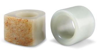 TWO CHINESE JADE ARCHERY THUMB RINGS
