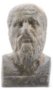 AN ANCIENT ROMAN BRONZE BUST OF A SENATORIAL FIGURE